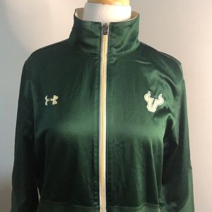 Under Armour University of South Florida green and light gold track suit, size M